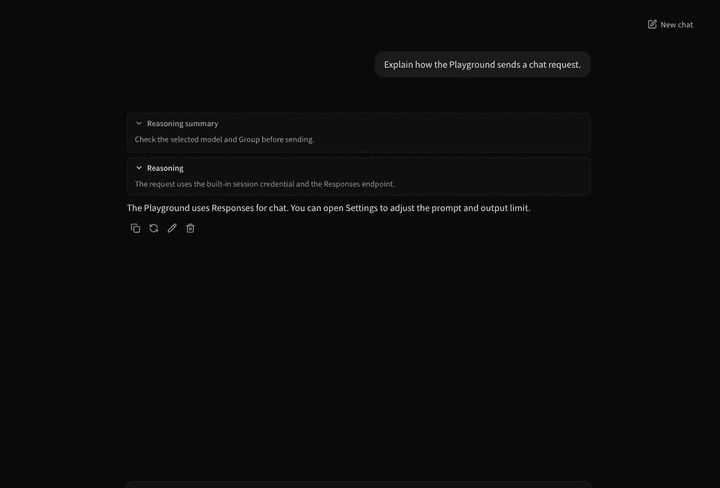 Playground chat showing a reasoning summary (demo data).