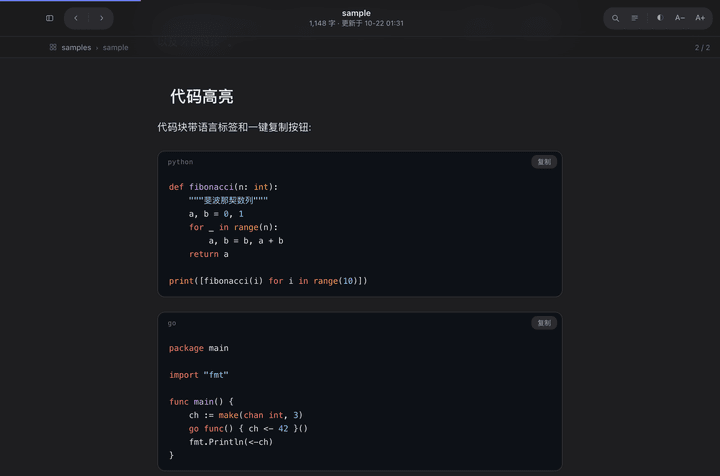 Code blocks with language labels and copy buttons.
